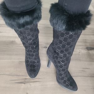 Gucci Monogram Suede Fur Boots
